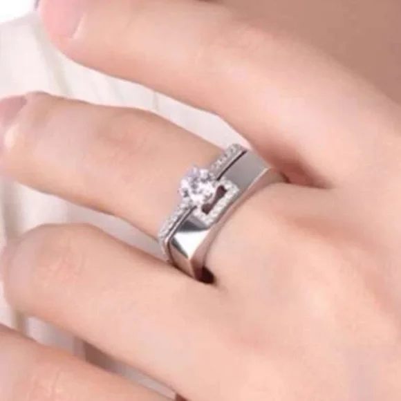 2 Piece Geometric, Square Cubic Zirconia Statement Badass Engagement Ring - Picture 3 of 8